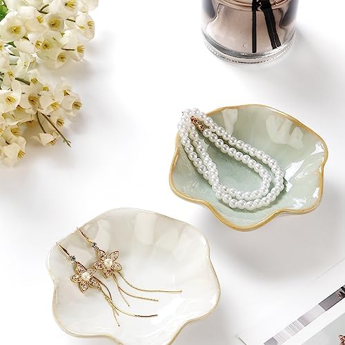 JAMEND CLXP 2PCS Lotus Leaf Shape Ring Holder Dish, Small Key Bowl, Ceramic Trinket Tray Jewelry Dish Organizing Necklace Earrings for Mom Friend Sister, All Jewelries Are NOT Included, Light Green.…