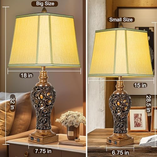 32'' Tall Rustic Vintage Table Lamps Set of 2 with Night Lights, Large Size