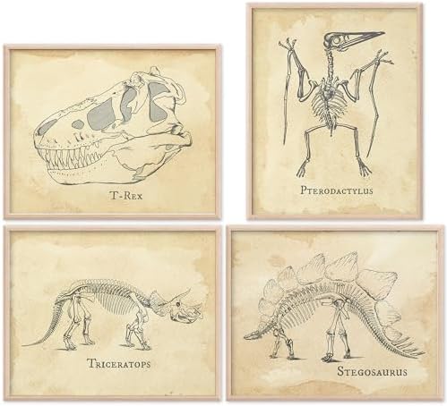 DREAM BIG PRINTABLES Dinosaur Fossils Art Prints (Set of 4) - Unframed - 8x10s | Vintage Dino Sketches of Triceratops, Stegosaurus, T-Rex Skull, and Pterodactyl | Boys Wall Decor