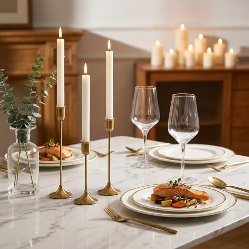 Gold Candlestick Holders, Brass Metal Taper Candle Stick Holders Set of 3