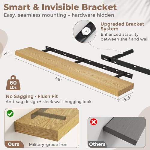 FLYJOE 48 Inch Floating Shelves for Wall Set of 2, 6.5" D Wood Grain Bathroom Shelves with Invisible Brackets, Easy Install Engineered Wood Storage Shelves for Kitchen, Living Room, Bedroom