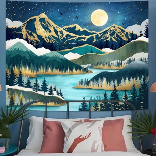 Neasow Mountain Moon Tapestry, Nature Forest Tree Lake Landscape Tapestries Star Starry Night Teal Blue Wall Decor for Home Bedroom 60×80 inch