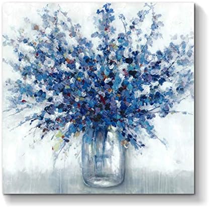 Abstract Bouquet Canvas Wall Art, Blue Flowers in Vase, 24"L x 24"W | Artwork Print Painting, For Living Room Office, Multiple Sizes
