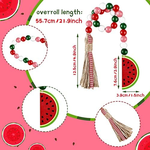 Blulu 6 Pcs Watermelon Decorations for Home, Summer Watermelon Wooden Table Decor, Hello Sweet Summer Tabletop Centerpieces Red Green Tassel Bead Garland for Home Kitchen Shelf Office Desk Tiered Tray
