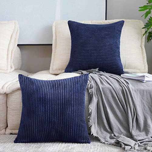 Home Brilliant Striped Decorative Corduroy Velvet Large Euro Sham Set of 2 60x60 cm Couch Throw Pillow Cover for Bed, 24 x 24 inch, Navy Blue