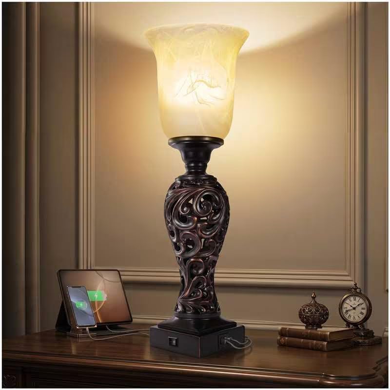 Vintage Table Lamp with 3-Way Dimmable LED Bulb, 2 USB Ports, Dark Brown