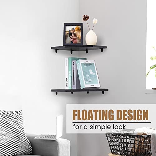 Fun Memories Corner Shelf Wall Mount, Floating Corner Shelves, Set of 4 Corner Wall Shelf Organizer, Rustic Wood Wall Storage Display Shelves for Living Room Bedroom Bathroom Kitchen, Classic Black