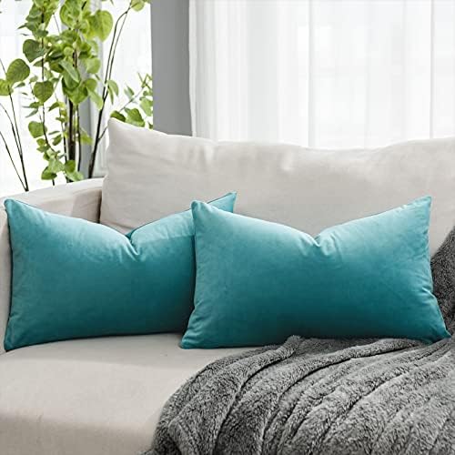 Seafoam Decorative Lumbar Velvet Throw Pillow Covers 12x20 inch Set of 2 with Zipper Luxury Soft Solid Rectangle Cushion Covers Case for Sofa Couch Bed Living Room