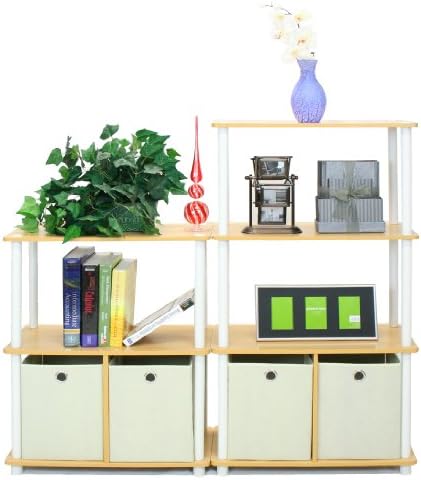 Furinno 99152BE/WH/IV 3-Tier Go Green Multipurpose Storage Rack Shelving Unit Bookshelf Cabinet with 2 Bins, Beech Finish