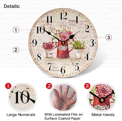 TAHEAT Floral Flower Wall Clock, French Country Vintage Decor, Decorative Battery Operated Silent Non Ticking Wall Clocks for Kitchen Living Room Bedroom Bathroom Office, 12 Inch