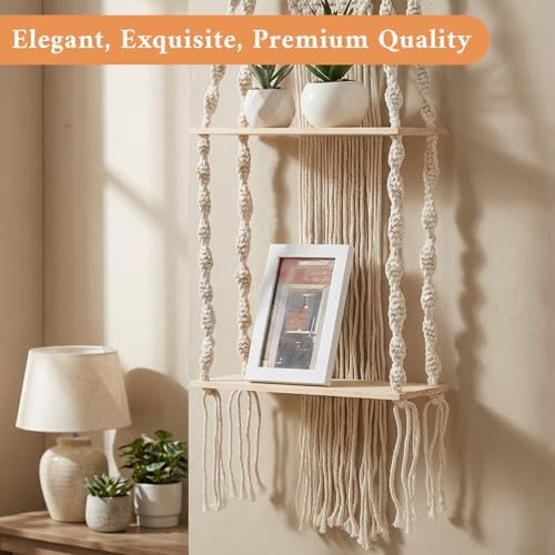 2 Packs Macrame Wall Hanging Shelf 2 Tier Handmade Boho Hanging Wall Shelf Floating Woven Rope Decorative Storage Racks Holder Organizer for Home Bedroom Bathroom Plants, Beige