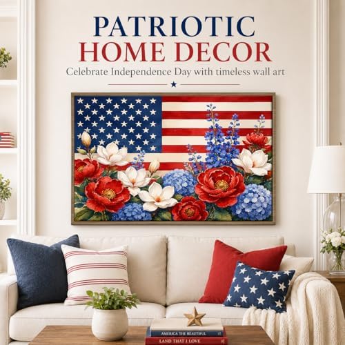 American Flag Framed Canvas Wall Art, 4th of July Floral Canvas Prints | Wildflower Landscape Poster Print, Vintage Rustic Independence Day Wall Decor for Bedroom Living Room Office 24×36in
