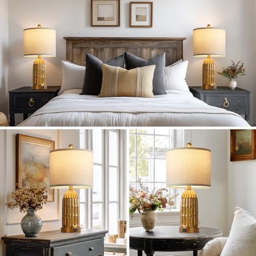 Cinkeda Table Lamps for Bedroom Set of 2, Farmhouse 3-Way Dimmable Touch Nightstand Lamp with 2 USB Charging Ports, Vintage Rustic Traditional Bedside Lamp for Living Room End Table