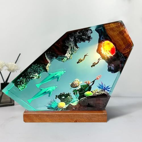 Handmade Dolphin Ocean Resin Lamp with Wooden Base