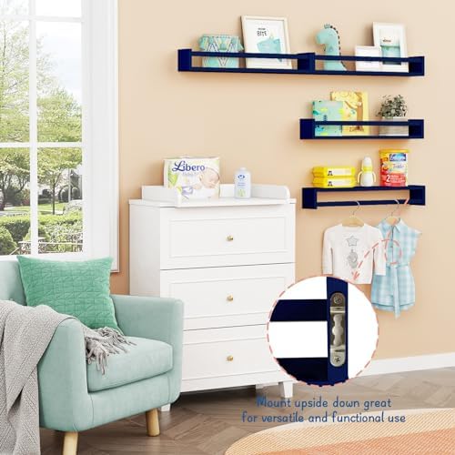 Forbena Wall Book Shelf Organizer for Kids Room Set of 4, Large Floating Book Shelves for Boy Nursery Wall Deocr, 24 Inches Wall Mount Bookshelf for Toddler Child Teen Boys Bedroom (Navy Blue)