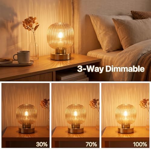 Elenhome Amber Touch Glass Table Lamp Set of 2, 3-Way Dimmable Bedside Lamps, Vintage Mid-Century Modern Nightstand Lamps for Bedroom and Living Room, Ambient Mood Lighting, LED Bulb Included