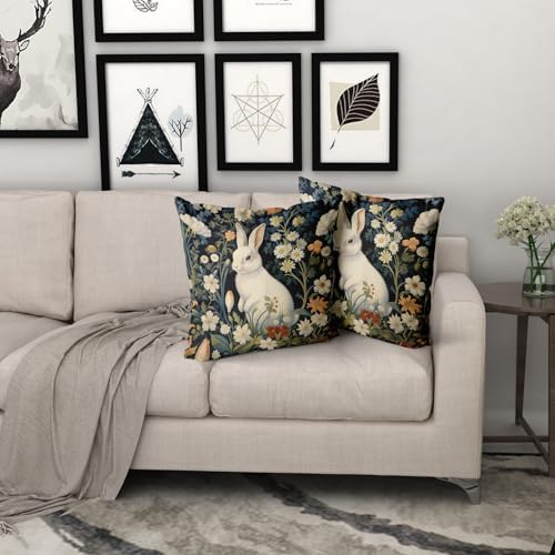 Giwawa 2PCs Easter Bunny Pillow Covers 18"x18" Cute Rabbit Boho Flowers Square Pillowcases Black Spring Floral Wildflower Cotton Throw Cushion Covers for Sofa Couch Patio Indoor Outdoor Decor