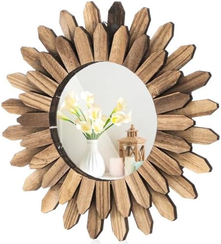 Eorbow Wall Mirror Decorative, 12 inch Small Rustic Wood Boho Mirrors, Clear Sunburst Mirrors for Home Farmhouse Bedroom Entryway Decor House Warming Gifts New Home, No Distortion