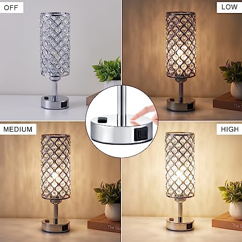 Silver Crystal Lamps Set of 2, 3-Way Dimmable Touch Lamps for Nightstand