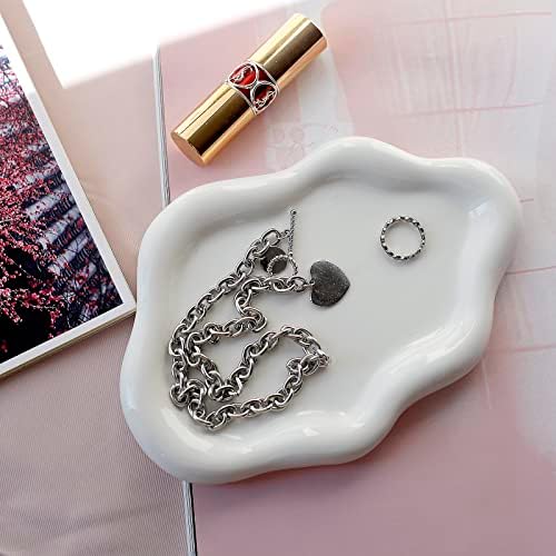 Jewelry Dish Trinket Tray for Women, Ring Dish Holder, Unique Cloud Shape Ceramic Plate Cute Things Vanity Aesthetic Room Decor Mother's Day Birthday (White)