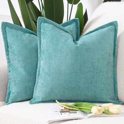 MADIZZ Decorative Chenille Velvet Throw Pillow Covers Set of 2 Soft Boho Textured Neutral Couch Throw Pillow for Bed Modern Farmhouse Home Decor for Sofa Livingroom Turquoise 20x20 Inch