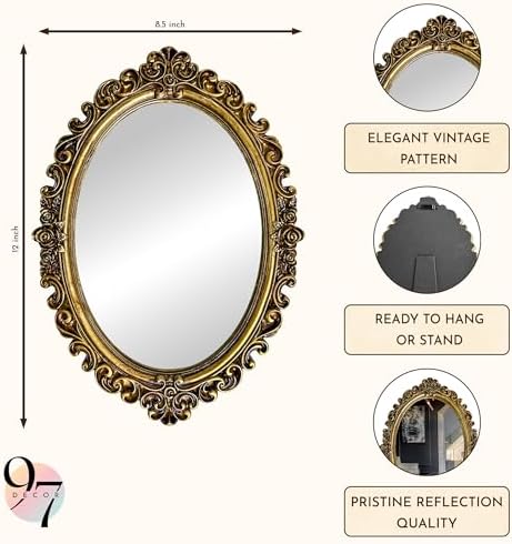 97 Decor Small Oval Mirror for Table - Gold Vintage Mirror for Tabletop and Wall Mounting, Small Decorative Mirrors Frame for Antique Home Bedroom, Victorian Makeup Room Decor