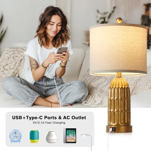 Cinkeda Table Lamps for Bedroom Set of 2, Farmhouse 3-Way Dimmable Touch Nightstand Lamp with 2 USB Charging Ports, Vintage Rustic Traditional Bedside Lamp for Living Room End Table