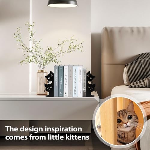 Peeping Cat Bookends for Shelves Decorative, Metal Book Ends for Heavy Books Book Stopper for Office Home Cute Desk Bookshelf Decor Cat Lover Gifts for Women (Black)