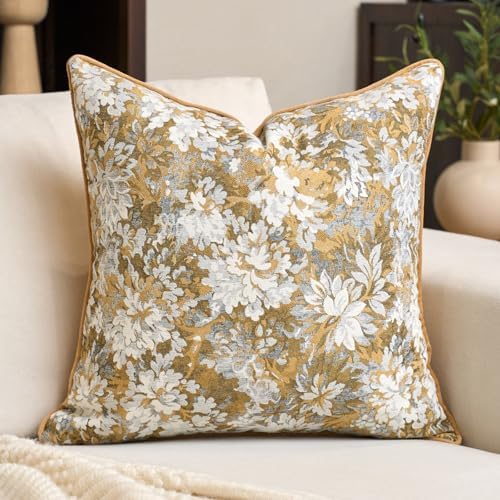 Alerfa Yellow Neutral Floral Pillow Cover 20 x 20 Inch, Vintage Chenille Square Couch Pillow Cover Soft Decorative Farmhouse Accent Pillowcase for Living Room Bedroom