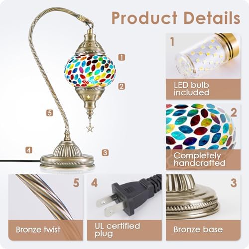 Yarra-Decor Turkish Moroccan Lamp with Bronze Base 3 Color Options Handmade Swan Neck Mosaic Glass Bedside Lamps for Bedroom (LED Bulb Included)(Colorful3)