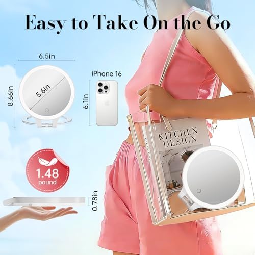 FASCINATE Rechargeable Travel Makeup Mirror 30X Magnification, 6.5" Lighted Portable Vanity Mirror with 3 Colors Lighting & Stepless Dimming, Double Sided LED Mirror, Gift for Women (White)