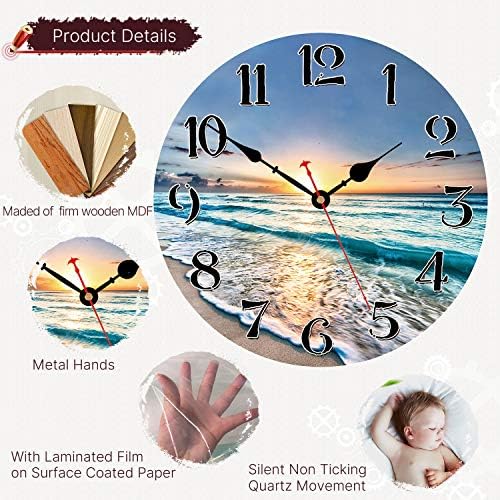 VIKMARI 14in Nautical Beach Wall Clock Silent Wooden Kitchen Wall Decor