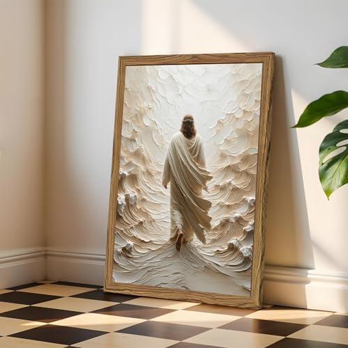 Jesus Walking on Water Wall Art, Frame 3D Textured Hand Drawn Sandstone Christian Wall Decor Paintings, Religious Spiritual Pictures for Living Prayer Room Bedroom 12x16 inch Wood Framed