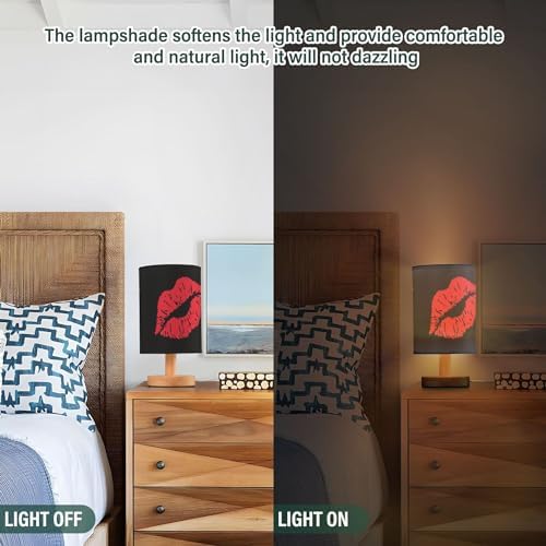 Table Lamp Sexy Red Lip on Black Nightstand Lamp with Wood Base Fabric Lamp Shade Bedside Desk Lamp for Living Room Bedroom Kids Room Office