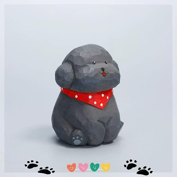 Hand-Carved Wooden Gray Teddy Dog Figurine, 2.7" Gray Puppy Statue with Base for Car Dashboard, Desk & Home Decor, Gift for Dog Lovers