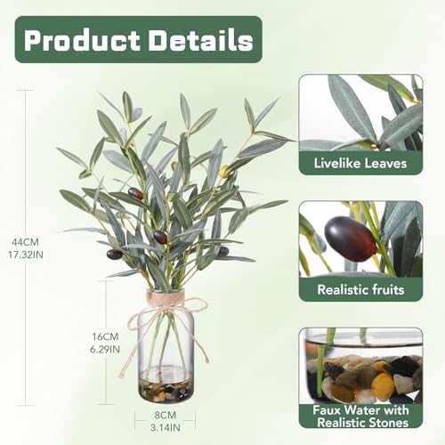 Artificial Olive Branches in Glass Vase, 15.74-in Faux Greenery