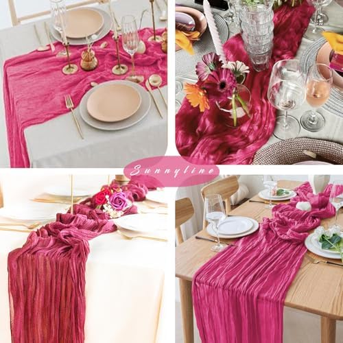 12 Pieces Hot Pink Cheesecloth Table Runners 10FT Gauze Fabric Runner for Tables Boho Table Runner Decoration Rustic Sheer Runner for Wedding Birthday Baby Bridal Shower Party (35 x 120 Inches Long)