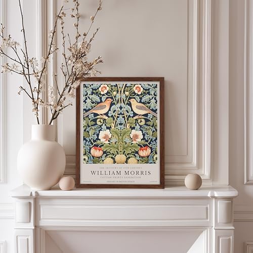 Poster Master William Morris Poster - Strawberry Thief Print - Bird Art - Botanical Design - Flower Art - Exhibition Display - Animal Illustration - Floral Design - Office or Bedroom Wall Decor - 8x10 Brown Framed