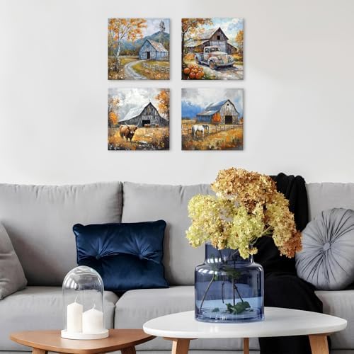 Highland Cow Wall Art Country Barn Wall Decor for Kitchen Rustic Windmill Truck Canvas Pictures Farmhouse Landscape Painting Farm Animals Horse Artwork Dining Living Room Home Decoration 12x12" 4Pcs