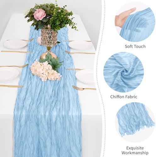 12 Pack Baby Blue Cheesecloth Table Runner 17 x 108 Inch Gauze Table Runner Fabric Semi Sheer Cheese Cloth Table Decor Bulk for Rustic Romantic Wedding Baby Shower Table Decoration