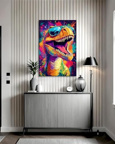 Large Dinosaur Canvas Wall Art Graffiti Wall Decor Framed Funny Dinosaur with Glasses Picture Modern Pop Painting Prints for Living Room Bedroom Home Office Ready to Hang - 28.00"x42.00"