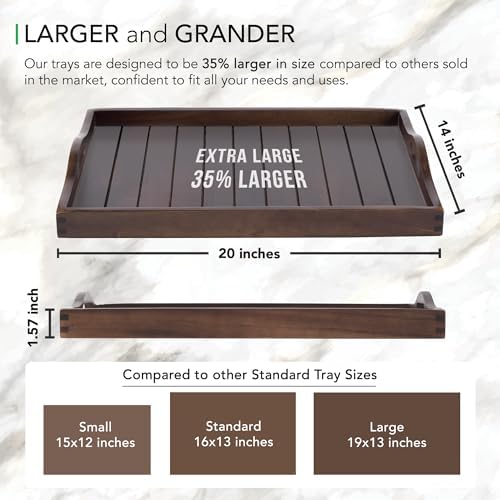 Large Acacia Wooden Serving Tray with Handles 20 x 14 inch Decorative Coffee Table Ottoman Tray for Living Room Extra Large for Kitchen Dinner Food Bar Breakfast in Bed (Dark Brown)