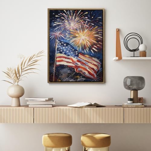 American Flag Framed Canvas Wall Art, 4th of July Patriotic Canvas Prints | USA Flag with Fireworks Poster Print, Modern Independence Day Wall Decor for Bedroom Living Room 20×24in