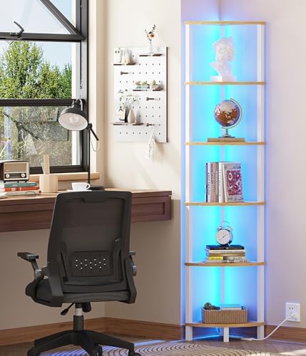 VIMBER 6-Tier Corner Shelf with LED Light, Industrial Corner Ladder Shelf, Rustic Display Shelf for Living Room, Bedroom, Kitchen, Home Office, Sturdy Frame, White and Nature Wood Color UJSJ002Q