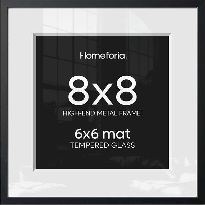 Homeforia 8x8 Black Picture Frame, High-End Metal, 6x6 Mat, Glass