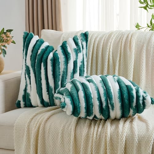 FUTEI Pack of 2 Faux Fur Throw Pillow Covers 26x26 Inch, Green White