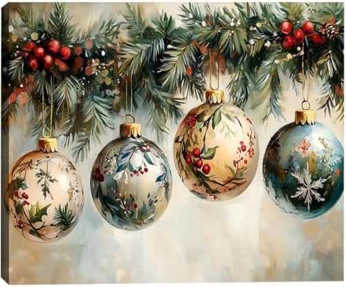FLZYKGPA Vintage Christmas Canvas Pictures for Living Room & Bedroom Decor, Christmas Wall Decor 24x36in, Holiday Wall Art for Office, Floral Christmas Painting, Victorian Flower Holly Garland
