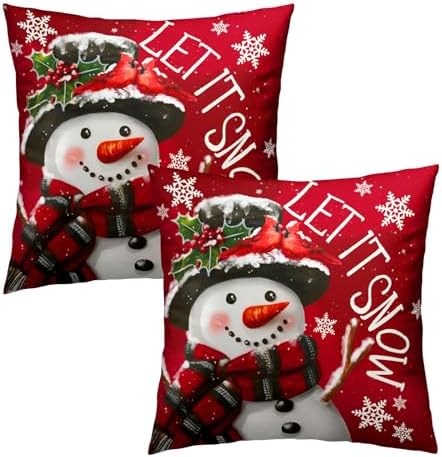 Xmas Pillow Covers 24x24 Inch 2 Packs Christma Snowman Snowflake Decorative Red Pillow Cases Winter Holiday Red Cotton Cushion Cover for Home Sofa Couch Decor