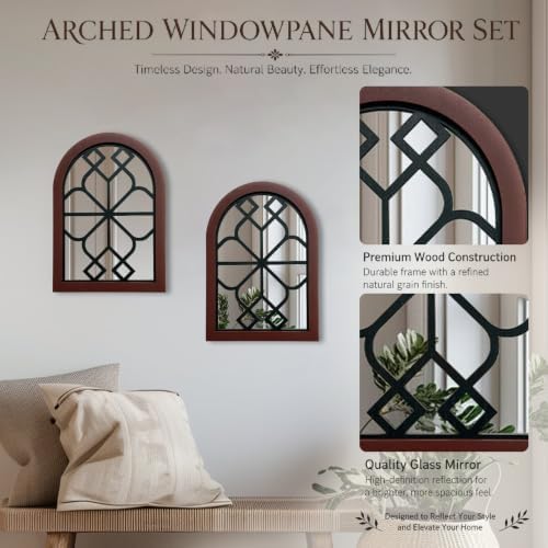 Set of 2 Arched Window Wall Mirror, Rustic Farmhouse Accent Mirror with Wood Frame Decorative Wall Art Mirror for Living Room Bathroom Bedroom Kitchen