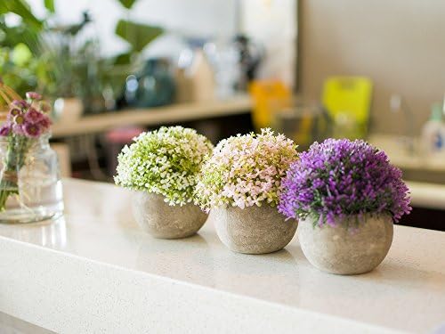 Opps Mini Artificial Plants Plastic Fake Green Colorful Flower Topiary Shrubs with Gray Pot for Home Décor – Set of 3